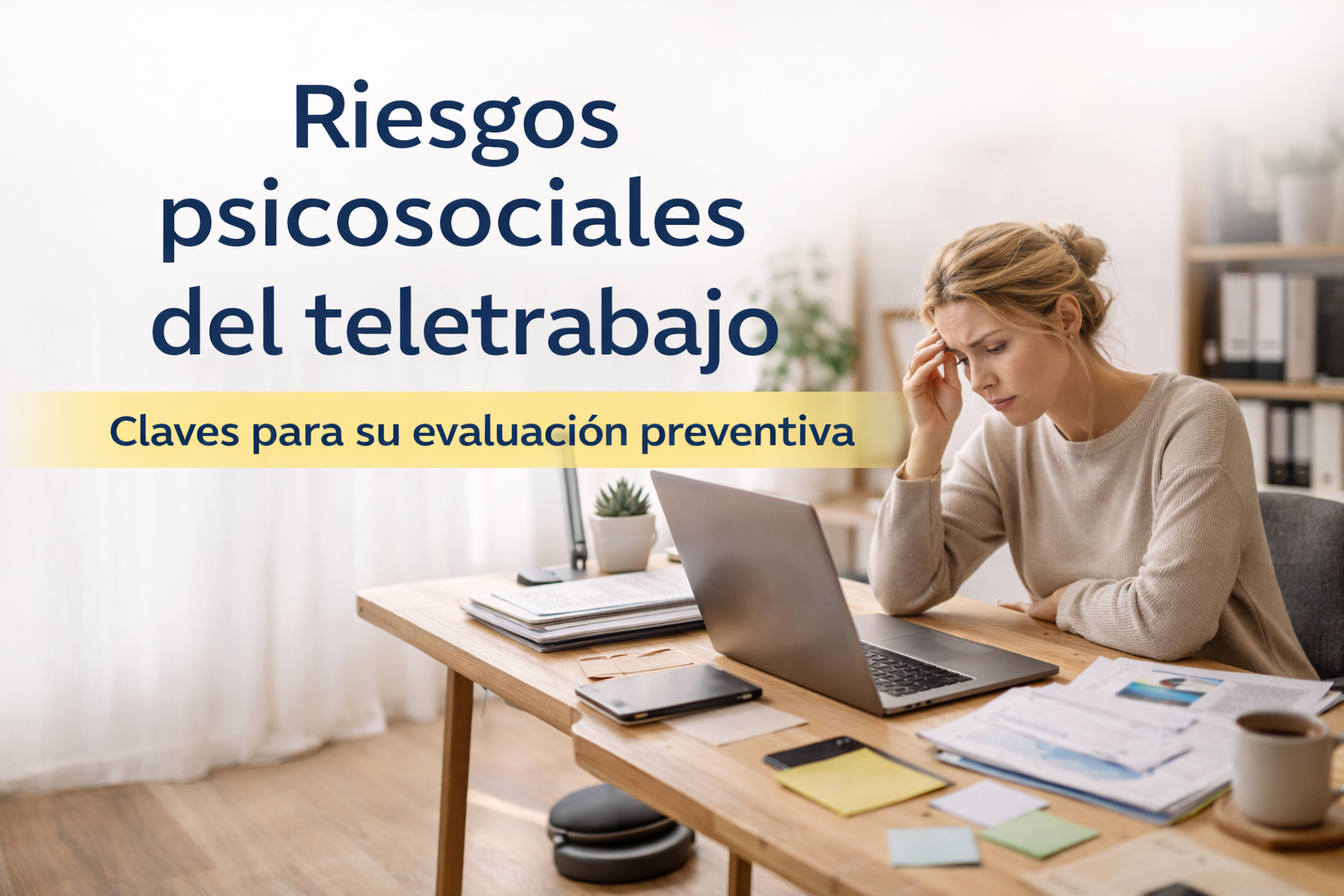 Persona trabajando en remoto desde su domicilio, utilizando un ordenador portátil, en un entorno de teletrabajo asociado a riesgos psicosociales laborales.